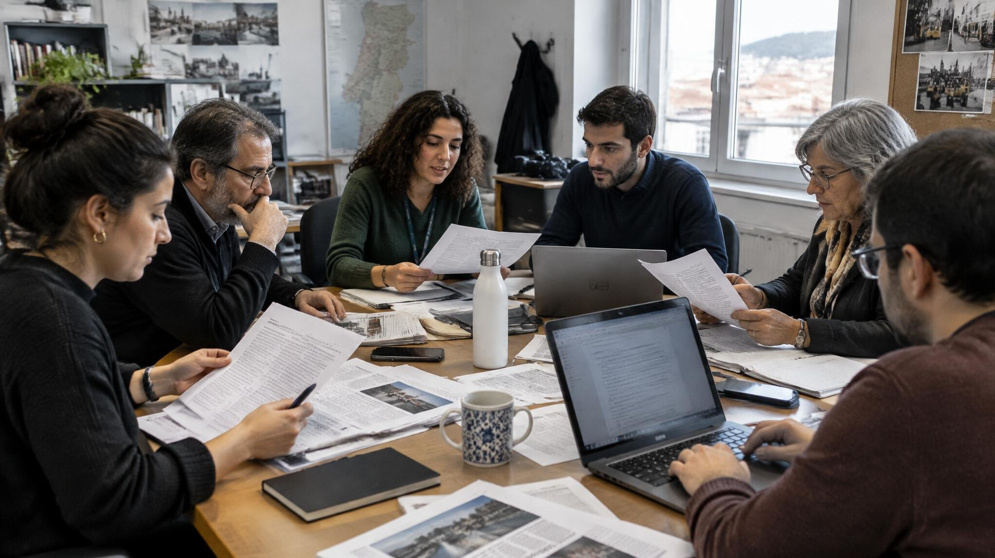 Team of journalists reviewing documents at a newsroom desk